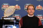 NEW ORLEANS, LA - JANUARY 10:  Head coach Nick Saban of the Alabama Crimson Tide stands next to The Coaches' Trophy which signifies the national champion after defeating Louisiana State University Tigers in the 2012 Allstate BCS National Championship Game during a press conference on January 10, 2012 in New Orleans, Louisiana.  (Photo by Andy Lyons/Getty Images)
