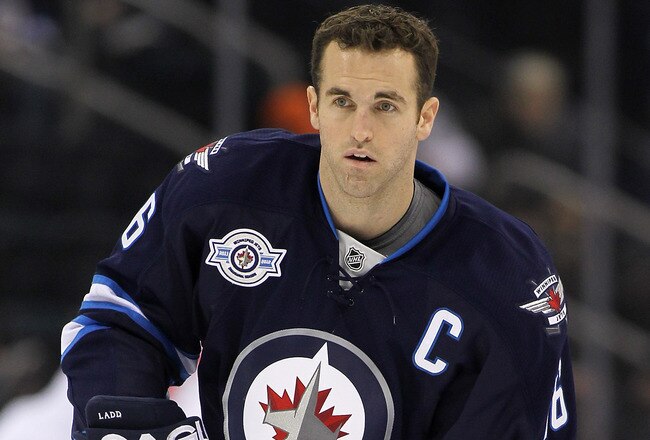WINNIPEG, CANADA - JANUARY 21: Andrew Ladd #16 of the Winnipeg Jets warms up on the ice before a game against the Florida Panthers in NHL action at the MTS Centre on January 21, 2012 in Winnipeg, Manitoba, Canada. (Photo by Marianne Helm/Getty Images)