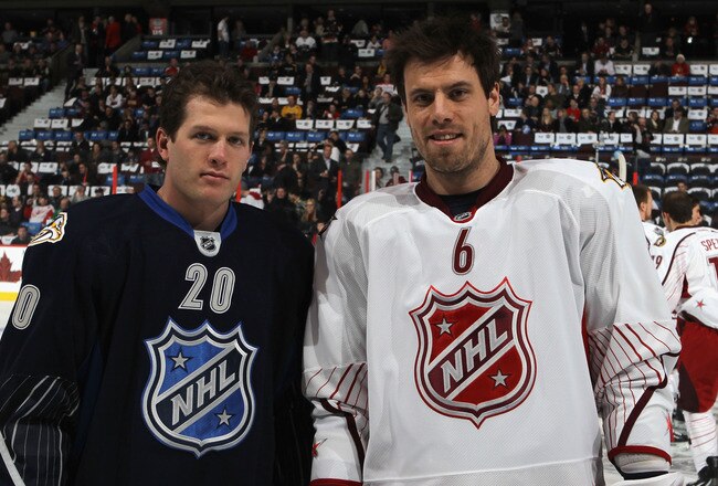 OTTAWA, ON - JANUARY 29:  Ryan Suter #20 of the Nashville Predators and Team Chara and Shea Weber #6 of the Nashville Predators and Team Alfredsson  during the 2012 Tim Hortons NHL All-Star Game at Scotiabank Place on January 29, 2012 in Ottawa, Ontario, Canada.  (Photo by Bruce Bennett/Getty Images)