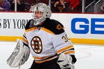 NEWARK, NJ - JANUARY 04:  Goalie Tim Thomas #30 of the Boston Bruins protects his goal during an NHL hockey game against the New Jersey Devils at Prudential Center on January 4, 2012 in Newark, New Jersey.  (Photo by Paul Bereswill/Getty Images)