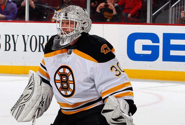 NEWARK, NJ - JANUARY 04:  Goalie Tim Thomas #30 of the Boston Bruins protects his goal during an NHL hockey game against the New Jersey Devils at Prudential Center on January 4, 2012 in Newark, New Jersey.  (Photo by Paul Bereswill/Getty Images)