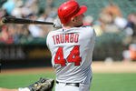 OAKLAND, CA - SEPTEMBER 14: Mark Trumbo #44 of the Los Angeles Angels of Anaheim hits a single off the right field wall against the Oakland Athletics in the eighth inning during an MLB baseball game at O.co Coliseum on September 14, 2011 in Oakland, California.  (Photo by Thearon W. Henderson/Getty Images)