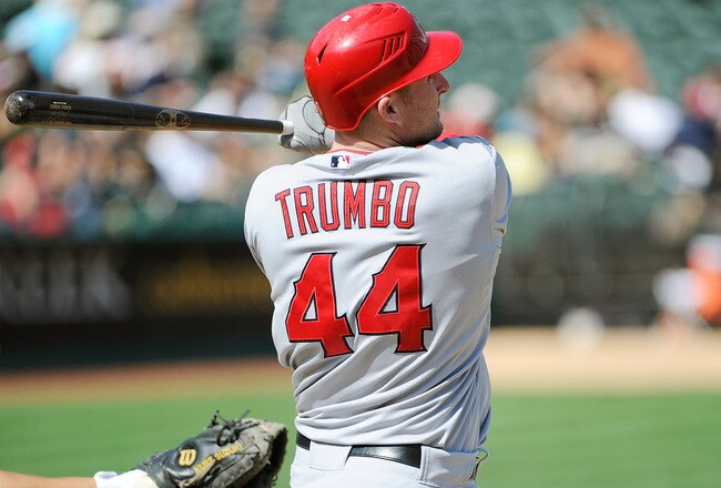 OAKLAND, CA - SEPTEMBER 14: Mark Trumbo #44 of the Los Angeles Angels of Anaheim hits a single off the right field wall against the Oakland Athletics in the eighth inning during an MLB baseball game at O.co Coliseum on September 14, 2011 in Oakland, California.  (Photo by Thearon W. Henderson/Getty Images)