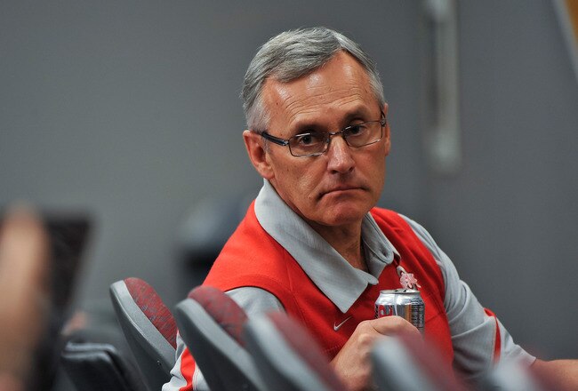 COLUMBUS, OH - MARCH 30:  Head Coach Jim Tressel listens to a member of the media during a press conference before the start of Spring practices at the Woody Hayes Athletic Center at The Ohio State University on March 30, 2011 in Columbus, Ohio. (Photo by Jamie Sabau/Getty Images)