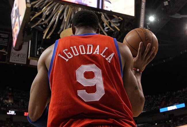 MIAMI, FL - APRIL 18:  Andre Iguodala #9 of the Philadelphia 76ers inbounds the ball   during game two of the Eastern Conference Quarterfinals against the Miami Heat  at American Airlines Arena on April 18, 2011 in Miami, Florida. NOTE TO USER: User expressly acknowledges and agrees that, by downloading and/or using this Photograph, User is consenting to the terms and conditions of the Getty Images License Agreement.  (Photo by Mike Ehrmann/Getty Images)