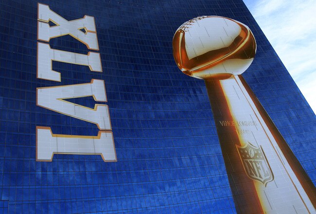 INDIANAPOLIS, IN - FEBRUARY 01:  Official signage of the Lombardi Trophy and Super Bowl XLVI is seen on the exterior of the J.W. Marriott Indianapolis, which is serving as the Super Bowl Media center, is seen prior to Super Bowl XLVI between the New York Giants and the New England Patriots on February 1, 2012 in Indianapolis, Indiana.  (Photo by Scott Halleran/Getty Images)