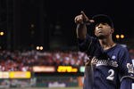 ST LOUIS, MO - OCTOBER 13:  Nyjer Morgan #2 of the Milwaukee Brewers gestures after the Brewers won 4-2 against the St. Louis Cardinals during Game 4 of the National League Championship Series at Busch Stadium on October 13, 2011 in St. Louis, Missouri.  (Photo by Christian Petersen/Getty Images)