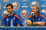 UNIONDALE, NY - SEPTEMBER 15:  John Tavares of the New York Islanders and Islanders General Manager Garth Snow speak to the media during a press conference to announce Tavares has signed a six-year contract extension with the New York Islanders on September 15, 2011 at the Nassau Coliseum in Uniondale, New York.  (Photo by Mike Stobe/Getty Images for New York Islanders)
