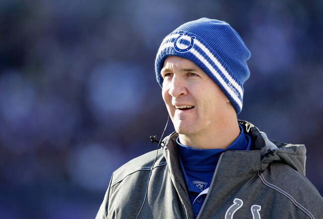 BALTIMORE, MD - DECEMBER 11:  Peyton Manning #18 of the Indianapolis Colts looks on from the sidelines during the second half against the Baltimore Ravens at M&T Bank Stadium on December 11, 2011 in Baltimore, Maryland.  (Photo by Rob Carr/Getty Images)