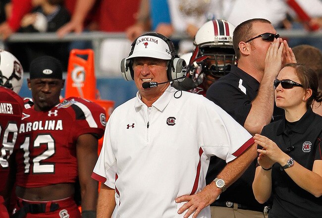 ORLANDO, FL - JANUARY 02: South Carolina Gamecocks head coach Steve Spurrier looks on during the Capitol One Bowl against the Nebraska Cornhuskers at Florida Citrus Bowl on January 2, 2012 in Orlando, Florida.  (Photo by Mike Ehrmann/Getty Images)