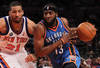 NEW YORK - FEBRUARY 20: James Harden #13 of the Oklahoma City Thunder drives to the basket against Wilson Chandler #21 of the New York Knicks at Madison Square Garden on February 20, 2010 in New York, New York. NOTE TO USER: User expressly acknowledges and agrees that, by downloading and or using this photograph, User is consenting to the terms and conditions of the Getty Images License Agreement.  (Photo by Nick Laham/Getty Images)