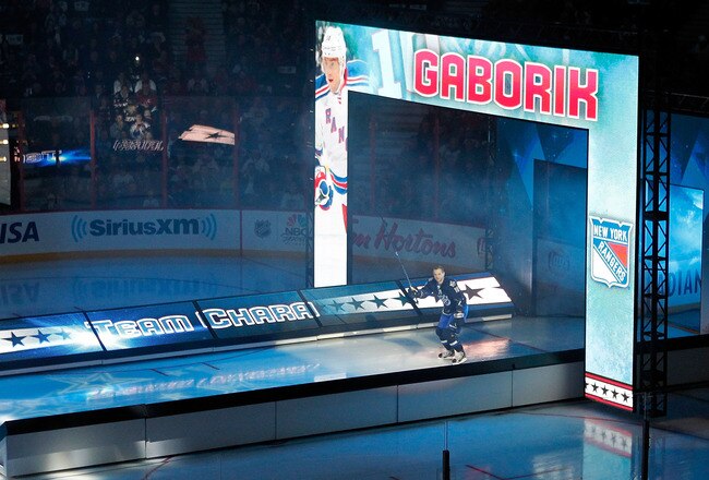 OTTAWA, ON - JANUARY 29:  Marian Gaborik #10 of the New York Rangers and team Chara skates on the ice during introductions for the 2012 Tim Hortons NHL All-Star Game at Scotiabank Place on January 29, 2012 in Ottawa, Ontario, Canada.  (Photo by Gregory Shamus/Getty Images)
