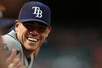 ARLINGTON, TX - SEPTEMBER 30:  Matt Moore #55 of the Tampa Bay Rays smiles in the dugout in the 9th inning against the Texas Rangers during Game One of the American League Division Series at Rangers Ballpark in Arlington on September 30, 2011 in Arlington, Texas.  (Photo by Ronald Martinez/Getty Images)