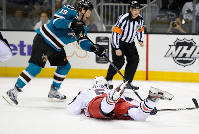 SAN JOSE, CA - JANUARY 31:  Joe Thornton #19 of the San Jose Sharks scores a goal getting his shot pass Aaron Johsnon #5 the Columbus Blue Jackets in the first period of an NHL hockey game at HP Pavilion at San Jose on January 31, 2012 in San Jose, California.  (Photo by Thearon W. Henderson/Getty Images)