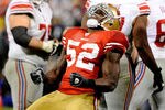 SAN FRANCISCO, CA - JANUARY 22:  Patrick Willis #52 of the San Francisco 49ers reacts after he sacked Eli Manning #10 of the New York Giants in the second half during the NFC Championship Game at Candlestick Park on January 22, 2012 in San Francisco, California.  (Photo by Thearon W. Henderson/Getty Images)