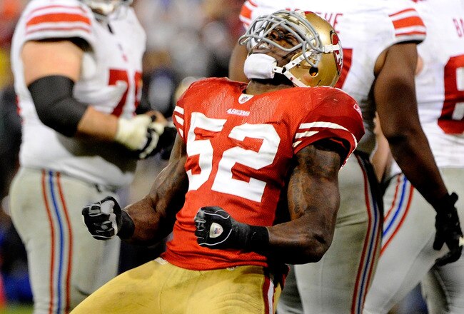 SAN FRANCISCO, CA - JANUARY 22:  Patrick Willis #52 of the San Francisco 49ers reacts after he sacked Eli Manning #10 of the New York Giants in the second half during the NFC Championship Game at Candlestick Park on January 22, 2012 in San Francisco, California.  (Photo by Thearon W. Henderson/Getty Images)