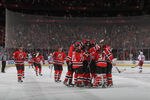 NEWARK, NJ - JANUARY 31:  The New Jersey Devils celebrate their 4-3 shoot out win over the New York Rangers at the Prudential Center on January 31, 2012 in Newark, New Jersey. (Photo by Bruce Bennett/Getty Images)