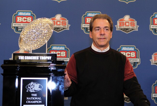 NEW ORLEANS, LA - JANUARY 10:  Head coach Nick Saban of the Alabama Crimson Tide stands next to The Coaches' Trophy which signifies the national champion after defeating Louisiana State University Tigers in the 2012 Allstate BCS National Championship Game during a press conference on January 10, 2012 in New Orleans, Louisiana.  (Photo by Andy Lyons/Getty Images)
