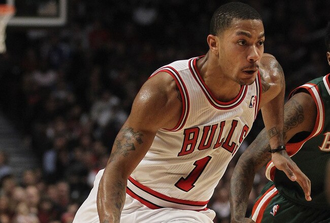 CHICAGO, IL - JANUARY 27: Derrick Rose #1 of the Chicago Bulls drives against the Milwaukee Bucks at the United Center on January 27, 2012 in Chicago, Illinois. The Bulls defeated the Bucks 107-100. NOTE TO USER: User expressly acknowledges and agrees that, by downloading and or using this photograph, User is consenting to the terms and conditions of the Getty Images License Agreement. (Photo by Jonathan Daniel/Getty Images)