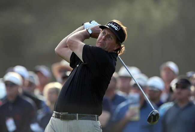 LA JOLLA, CA - JANUARY 27:  Phil Mickelson tees off the 10th hole during the second round of the Farmers Insurance Open at Torrey Pines Golf Course, South Course on January 27, 2012 in La Jolla, California. (Photo by Donald Miralle/Getty Images)