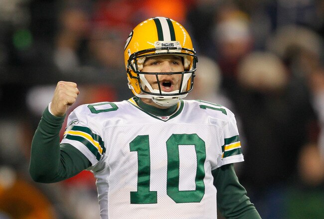 FOXBORO, MA - DECEMBER 19:  Quarterback Matt Flynn #10 of the Green Bay Packers reacts during the second quarter of the game against the New England Patriots at Gillette Stadium on December 19, 2010 in Foxboro, Massachusetts. The Patriots won the game 31-27.  (Photo by Jim Rogash/Getty Images)