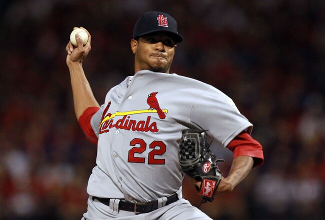 ARLINGTON, TX - OCTOBER 23:  Edwin Jackson #22 of the St. Louis Cardinals pitches in the first inning during Game Four of the MLB World Series against the Texas Rangers at Rangers Ballpark in Arlington on October 23, 2011 in Arlington, Texas.  (Photo by Ronald Martinez/Getty Images)