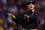 SAN FRANCISCO, CA - JANUARY 22:  Head coach Jim Harbaugh of the San Francisco 49ers gestures during the NFC Championship Game against the New York Giants at Candlestick Park on January 22, 2012 in San Francisco, California.  (Photo by Ezra Shaw/Getty Images)