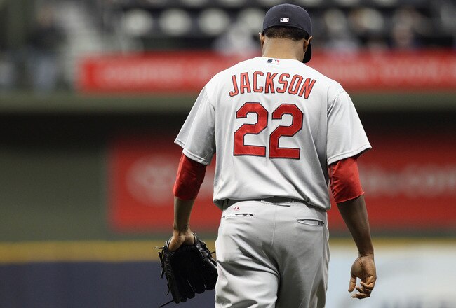 MILWAUKEE, WI - OCTOBER 16:  Edwin Jackson #22 of the St. Louis Cardinals walks out to the mound against the Milwaukee Brewers during Game Six of the National League Championship Series at Miller Park on October 16, 2011 in Milwaukee, Wisconsin.  (Photo by Christian Petersen/Getty Images)