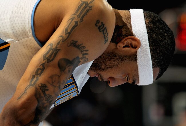 DENVER, CO - APRIL 25:  Kenyon Martin #4 of the Denver Nuggets awaits a free throw against the Oklahoma City Thunder in Game Four of the Western Conference Quarterfinals in the 2011 NBA Playoffs on April 24, 2011 at the Pepsi Center in Denver, Colorado. The Nuggets defeated the Thunder 104-101 to stay alive as the Thunder lead the series 3-1 over the Nuggets. NOTE TO USER: User expressly acknowledges and agrees that, by downloading and or using this photograph, User is consenting to the terms and conditions of the Getty Images License Agreement.  (Photo by Doug Pensinger/Getty Images)