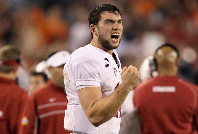GLENDALE, AZ - JANUARY 02:  Andrew Luck #12 of the Stanford Cardinal reacts against the Oklahoma State Cowboys during the Tostitos Fiesta Bowl on January 2, 2012 at University of Phoenix Stadium in Glendale, Arizona. Oklahoma State won 41-38 in overtime.  (Photo by Christian Petersen/Getty Images)