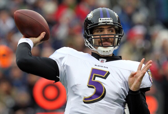 FOXBORO, MA - JANUARY 22:  Joe Flacco #5 of the Baltimore Ravens in action against the New England Patriots during their AFC Championship Game at Gillette Stadium on January 22, 2012 in Foxboro, Massachusetts.  (Photo by Jim Rogash/Getty Images)