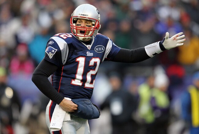 FOXBORO, MA - JANUARY 22:   Tom Brady #12 of the New England Patriots shouts to his teammates against the Baltimore Ravens during their AFC Championship Game at Gillette Stadium on January 22, 2012 in Foxboro, Massachusetts.  (Photo by Jim Rogash/Getty Images)