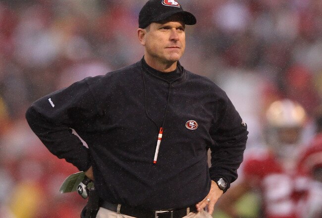 SAN FRANCISCO, CA - JANUARY 22:  Head coach Jim Harbaugh of the San Francisco 49ers looks on during the NFC Championship Game against the New York Giants at Candlestick Park on January 22, 2012 in San Francisco, California.  (Photo by Ezra Shaw/Getty Images)