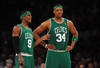 LOS ANGELES, CA - JUNE 06:  (L-R) Rajon Rondo #9 and Paul Pierce #34 of the Boston Celtics talk on court in the first half against the Los Angeles Lakers in Game Two of the 2010 NBA Finals at Staples Center on June 6, 2010 in Los Angeles, California. NOTE TO USER: User expressly acknowledges and agrees that, by downloading and/or using this Photograph, user is consenting to the terms and conditions of the Getty Images License Agreement  (Photo by Lisa Blumenfeld/Getty Images)