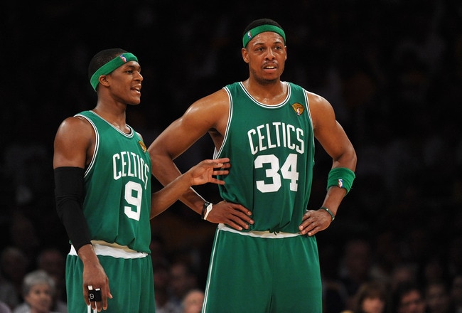 LOS ANGELES, CA - JUNE 06:  (L-R) Rajon Rondo #9 and Paul Pierce #34 of the Boston Celtics talk on court in the first half against the Los Angeles Lakers in Game Two of the 2010 NBA Finals at Staples Center on June 6, 2010 in Los Angeles, California. NOTE TO USER: User expressly acknowledges and agrees that, by downloading and/or using this Photograph, user is consenting to the terms and conditions of the Getty Images License Agreement  (Photo by Lisa Blumenfeld/Getty Images)