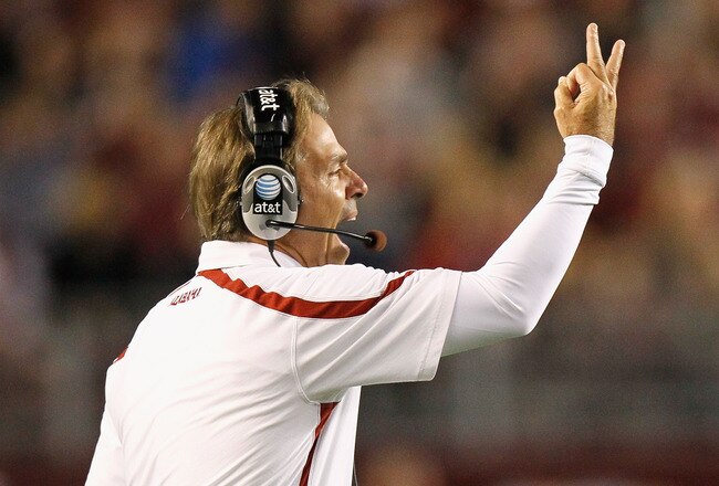 TUSCALOOSA, AL - OCTOBER 16:  Head coach Nick Saban of the Alabama Crimson Tide yells at the officials after a call during the game by the Ole Miss Rebels at Bryant-Denny Stadium on October 16, 2010 in Tuscaloosa, Alabama.  (Photo by Kevin C. Cox/Getty Images)