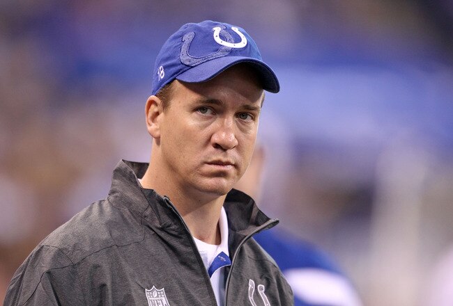 INDIANAPOLIS, IN - NOVEMBER 13:  Peyton Manning of the Indianapolis Colts watches the game action in the Colts 17-3 loss to the Jacksonville Jaguars at Lucas Oil Stadium on November 13, 2011 in Indianapolis, Indiana.  (Photo by Andy Lyons/Getty Images)