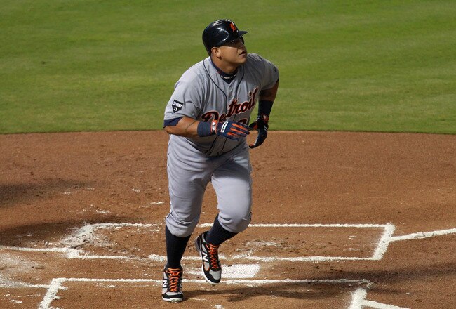 ARLINGTON, TX - OCTOBER 15:  Miguel Cabrera #24 of the Detroit Tigers watches his solo home run in the first inning of Game Six of the American League Championship Series against the Texas Rangers at Rangers Ballpark in Arlington on October 15, 2011 in Arlington, Texas.  (Photo by Ronald Martinez/Getty Images)