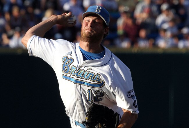 OMAHA, NE - JUNE 28:  Starting pitcher Gerrit Cole #12 of the UCLA Bruins pitches against the South Carolina Gamecocks during Game 1 of the men's 2010 NCAA College Baseball World Series at Rosenblatt Stadium on June 28, 2010 in Omaha, Nebraska.  (Photo by Christian Petersen/Getty Images)