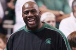 ST. LOUIS - MARCH 28:  Magic Johnson attends the Tennessee Volunteers versus the Michigan State Spartans game during the midwest regional final of the 2010 NCAA men's basketball tournament at the Edward Jones Dome on March 28, 2010 in St. Louis, Missouri.  (Photo by Elsa/Getty Images)