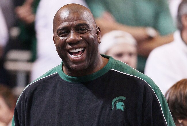 ST. LOUIS - MARCH 28:  Magic Johnson attends the Tennessee Volunteers versus the Michigan State Spartans game during the midwest regional final of the 2010 NCAA men's basketball tournament at the Edward Jones Dome on March 28, 2010 in St. Louis, Missouri.  (Photo by Elsa/Getty Images)