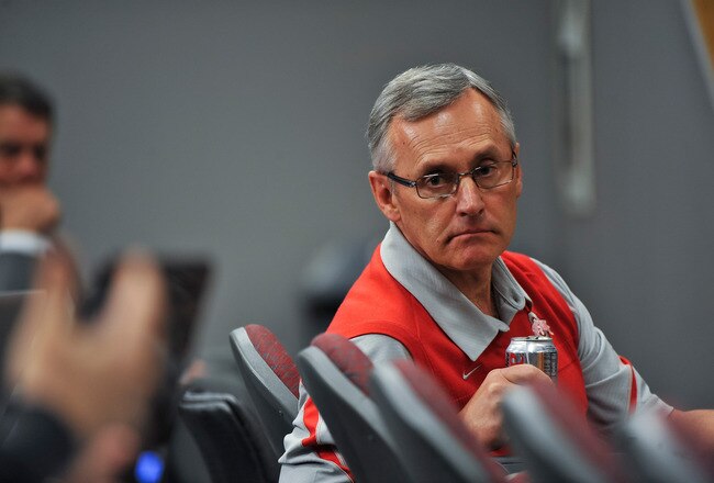 COLUMBUS, OH - MARCH 30:  Head Coach Jim Tressel listens to a member of the media during a press conference before the start of Spring practices at the Woody Hayes Athletic Center at The Ohio State University on March 30, 2011 in Columbus, Ohio. (Photo by Jamie Sabau/Getty Images)