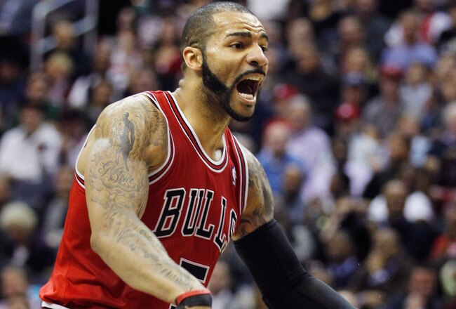 WASHINGTON, DC - JANUARY 30: Carlos Boozer #5 of the Chicago Bulls argues a call during the first half against the Washington Wizards at Verizon Center on January 30, 2012 in Washington, DC. NOTE TO USER: User expressly acknowledges and agrees that, by downloading and or using this photograph, User is consenting to the terms and conditions of the Getty Images License Agreement.  (Photo by Rob Carr/Getty Images)