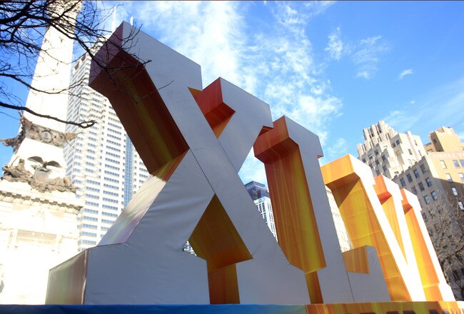 INDIANAPOLIS, IN - FEBRUARY 01:  An official Super Bowl XLVI sign is seen in front of the Soldiers' and Sailors' Monument prior to Super Bowl XLVI between the New York Giants and the New England Patriots on February 1, 2012 in Indianapolis, Indiana.  (Photo by Scott Halleran/Getty Images)