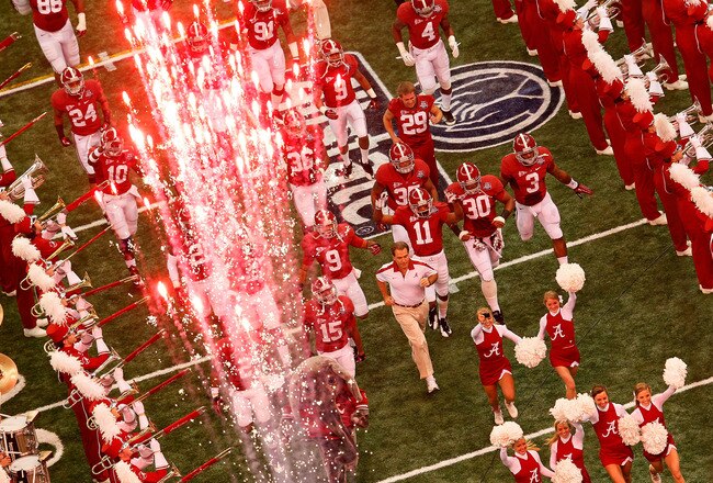 NEW ORLEANS, LA - JANUARY 09:  Head coach Nick Saban of the Alabama Crimson Tide takes the field with his players during the 2012 Allstate BCS National Championship Game at Mercedes-Benz Superdome on January 9, 2012 in New Orleans, Louisiana.  (Photo by Kevin C. Cox/Getty Images)
