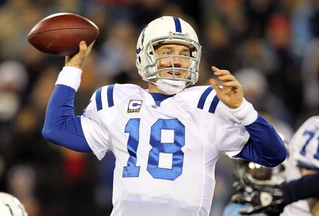 NASHVILLE, TN - DECEMBER 09:  Peyton Manning #18 of the Indianapolis Colts throws a pass during the NFL game against the Tennessee Titans  at LP Field on December 9, 2010 in Nashville, Tennessee.  The Colts won 30-28. (Photo by Andy Lyons/Getty Images)