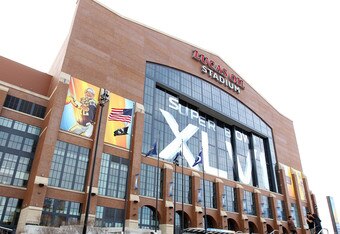 INDIANAPOLIS, IN - FEBRUARY 01:  A general exterior view of Lucas Oil decorated with official Super Bowl XLVI signage prior to the game being played between the New York Giants and the New England Patriots on February 1, 2012 in Indianapolis, Indiana.  (Photo by Andy Lyons/Getty Images)