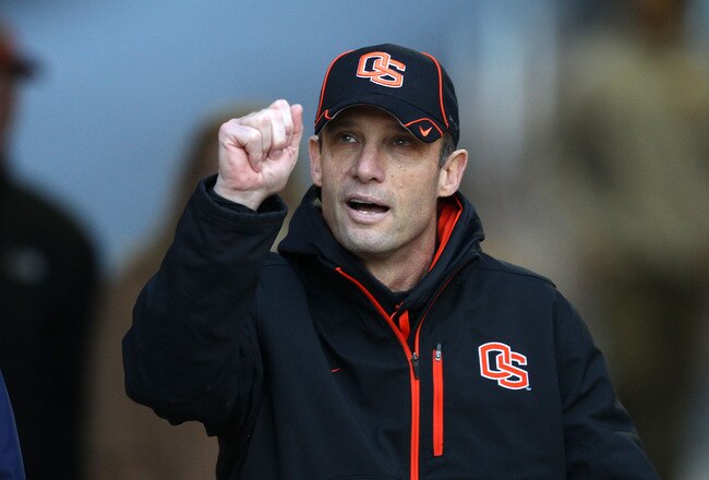 PALO ALTO, CA - NOVEMBER 27:  Head coach Mike Riley of the Oregon State Beavers walks on to the field for their game against the Stanford Cardinal at Stanford Stadium on November 27, 2010 in Palo Alto, California.  (Photo by Ezra Shaw/Getty Images)