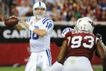 GLENDALE, AZ - SEPTEMBER 27:  Peyton Manning #18 of the Indianapolis Colts looks to pass in the third quarter against the Arizona Cardinals during the game at University of Phoenix Stadium on September 27, 2009 in Glendale, Arizona. (Photo by Harry How/Getty Images)