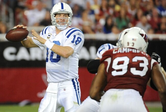 GLENDALE, AZ - SEPTEMBER 27:  Peyton Manning #18 of the Indianapolis Colts looks to pass in the third quarter against the Arizona Cardinals during the game at University of Phoenix Stadium on September 27, 2009 in Glendale, Arizona. (Photo by Harry How/Getty Images)